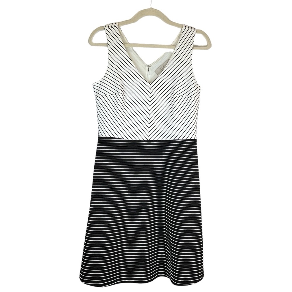 NWT Ann Taylor LOFT Dress Black Off-White Contrast Stripe Double V Neck Sz 4 NEW - Picture 2 of 8